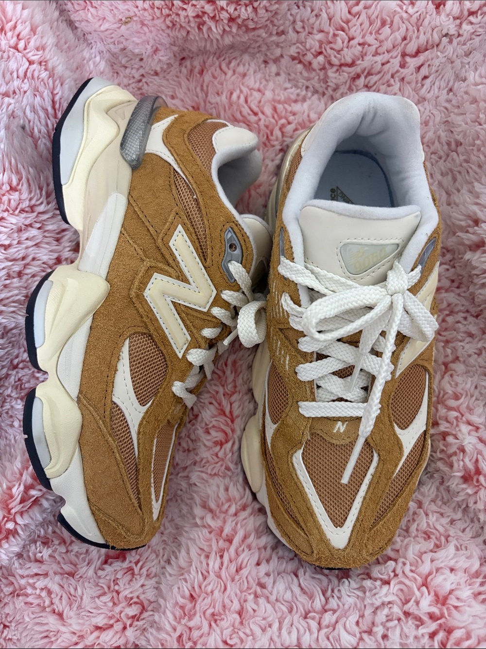 New Balance 9060 women Tan and White Suede Mesh Sneakers